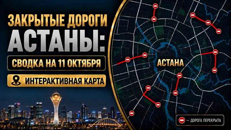 Коллаж карты перекрытия дорог в Астане и изображение Байтерека