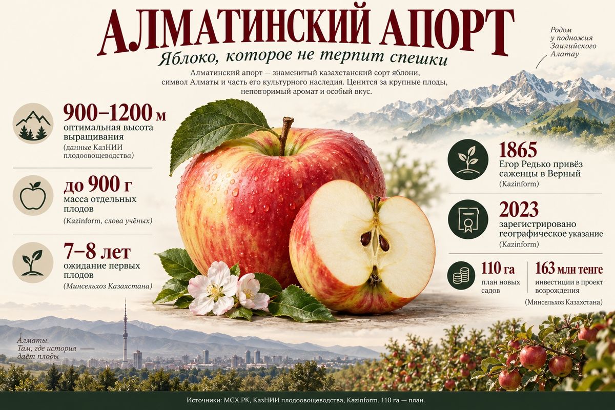 Инфографика об алматинском апорте с изображением крупных красных яблок