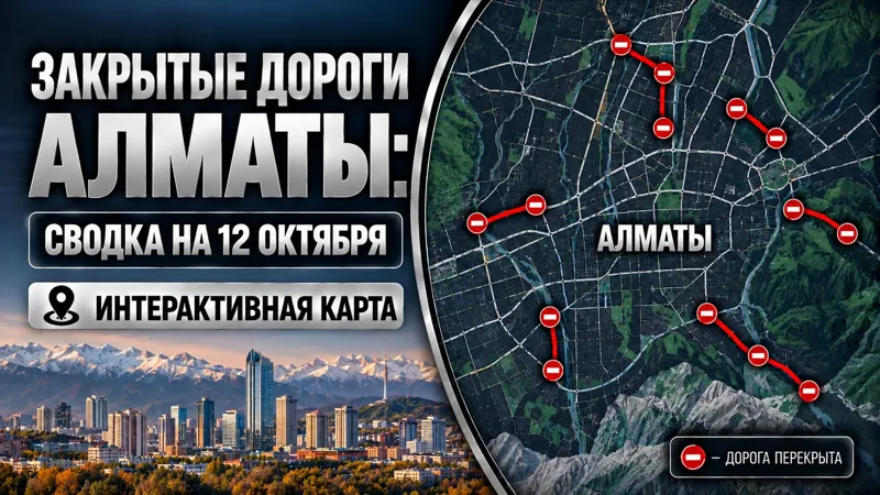 Коллаж карты перекрытых дорог в Алматы и телебашня Коктобе
