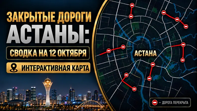 Коллаж карты перекрытия дорог в Астане и изображение Байтерека
