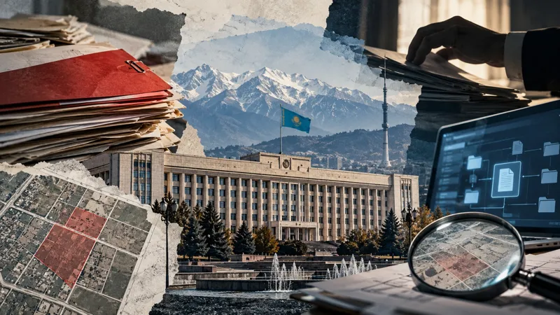 Коллаж со зданием акимата Алматы на фоне гор, стопками документов, земельными участками на карте, ноутбуком и увеличительным стеклом, символизирующими проверку коррупционных рисков.