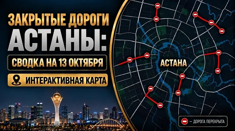 Коллаж карты перекрытия дорог в Астане и изображение Байтерека