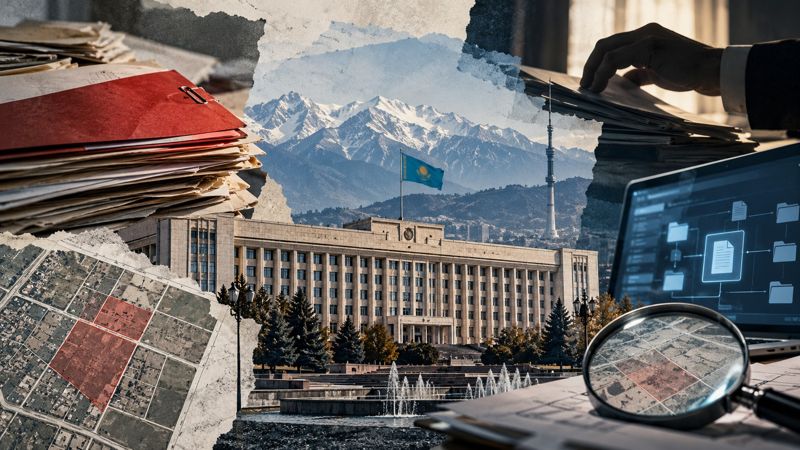 Коллаж со зданием акимата Алматы на фоне гор, стопками документов, земельными участками на карте, ноутбуком и увеличительным стеклом, символизирующими проверку коррупционных рисков.