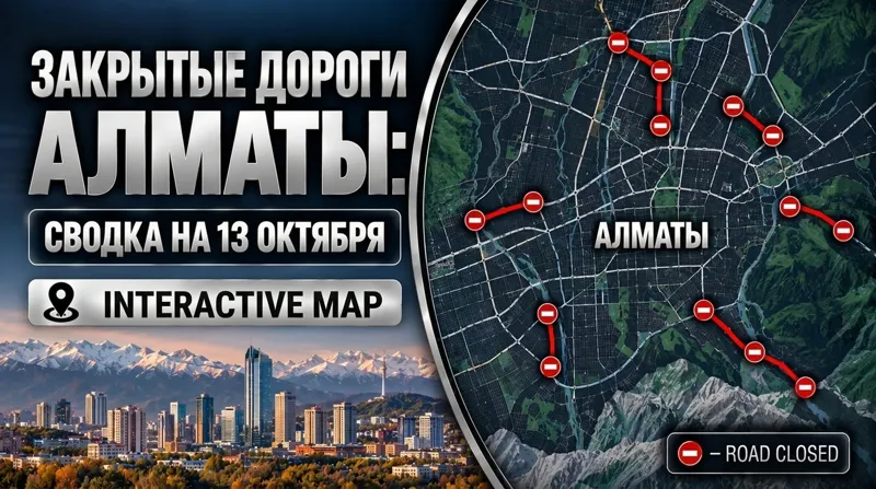 Коллаж карты перекрытых дорог в Алматы и телебашня Коктобе