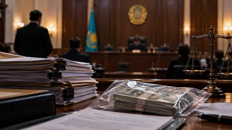 На переднем плане – стопки документов, пачки долларов в прозрачном пакете и весы правосудия