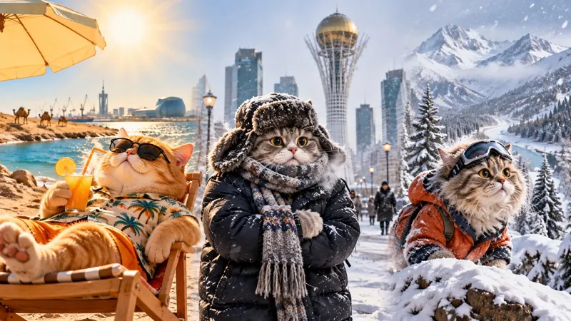 Три кота на фоне солнечного побережья, заснеженной Астаны и зимних гор