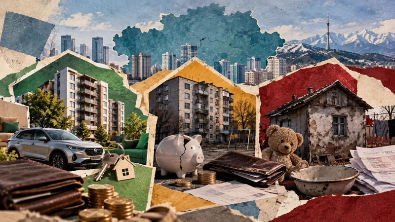 Коллаж с жилыми домами разного уровня, автомобилем, деньгами, разбитой копилкой и старым домом