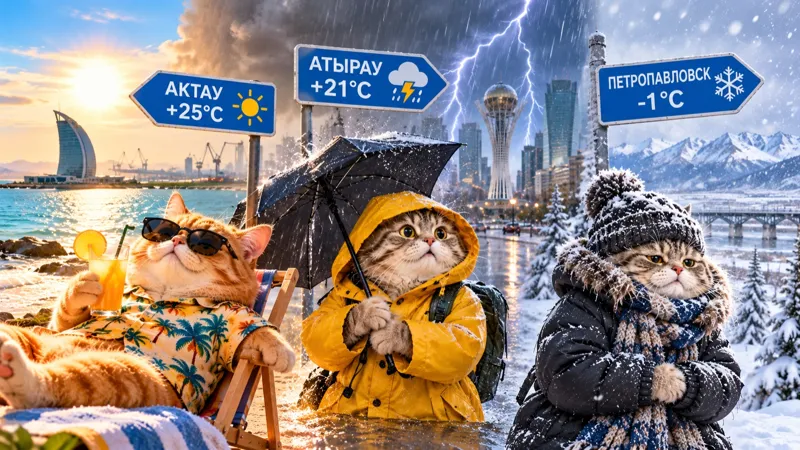 Три котика-синоптика на фоне солнечного Актау, грозового Атырау и заснеженного Петропавловска