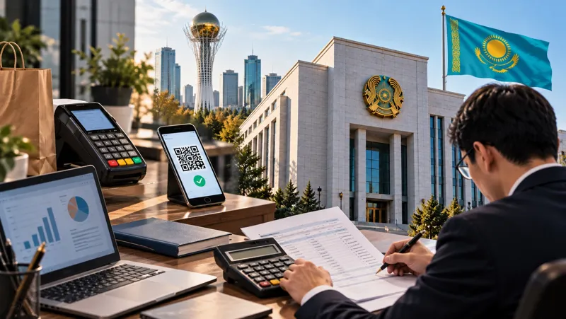 POS-терминал, оплата по QR, ноутбук, здание налоговых органов, сотрудник