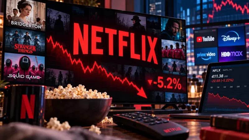 Логотип Netflix, график падения акций на 5,2% и изображения конкурирующих стриминговых платформ