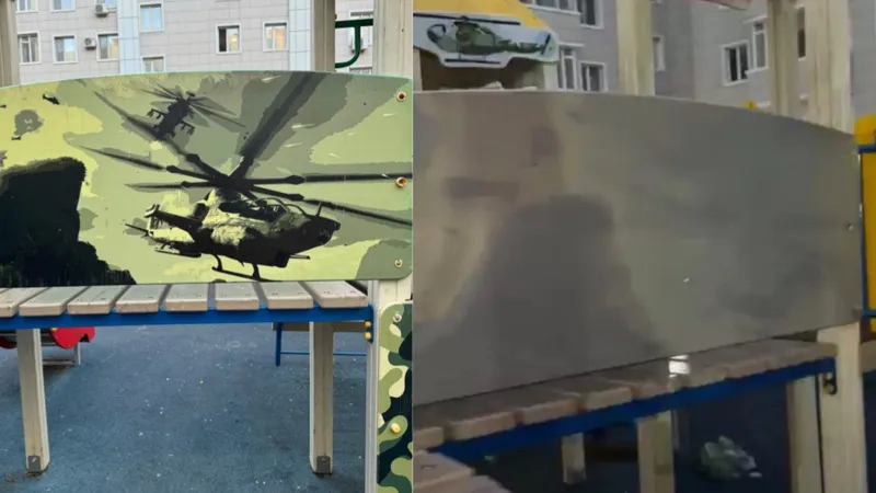 Слева – военные рисунки на детской площадке, справа – закрашенная площадка