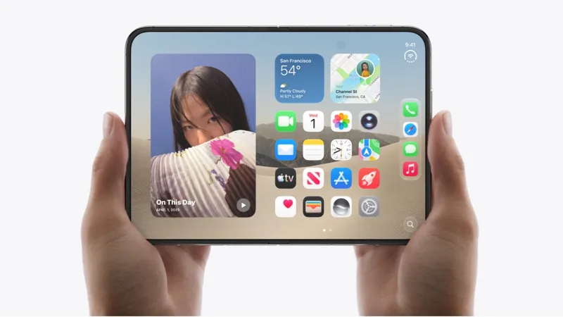 Складной смартфон Apple в раскрытом виде. Устройство держат двумя руками. На широком экране отображаются виджеты погоды, фотографий, карты и иконки приложений.
