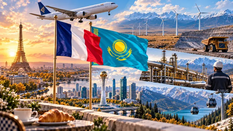 Коллаж с флагами Казахстана и Франции на фоне Парижа и Астаны