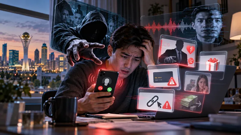 Встревоженный мужчина смотрит на входящий звонок на смартфоне. Вокруг него изображены цифровые угрозы: мошенники, поддельные голоса, подозрительные ссылки и попытки кражи денег.