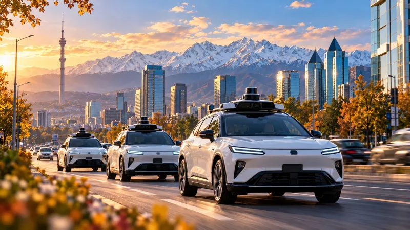 Три белых беспилотных автомобиля с датчиками и системами автономного вождения движутся по улице Алматы