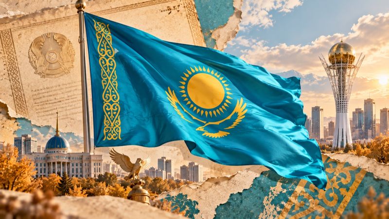 Государственный флаг Казахстана на фоне монумента «Байтерек», резиденции президента «Акорда» и осенней Астаны