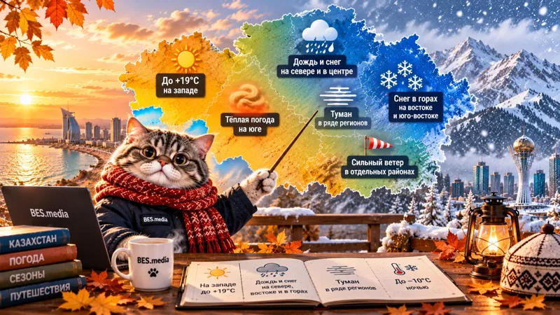 Котик-синоптик в красном шарфе показывает прогноз погоды на карте Казахстана: до +19 градусов на западе, дождь и снег на севере и в центре, снег в горах на востоке, туман и сильный ветер