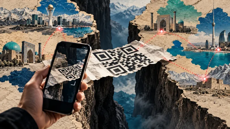 Смартфон сканирует QR-код на бумажном мосту.