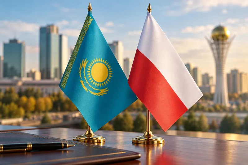 Флаги Казахстана и Польши на фоне Астаны