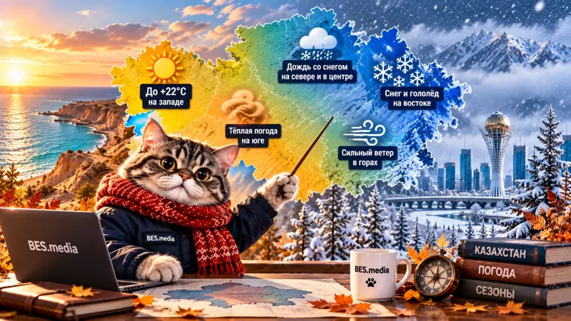 Котик-синоптик в тёплом шарфе показывает прогноз погоды на карте Казахстана: до +22 градусов на западе, дождь со снегом на севере и в центре, снег и гололёд на востоке