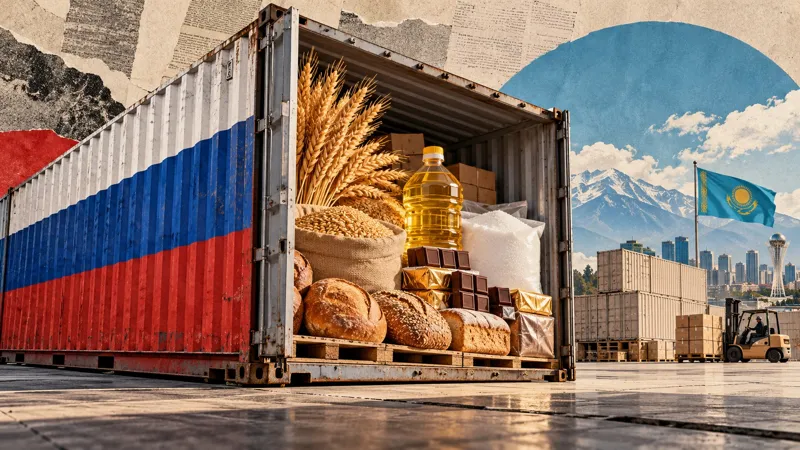 Контейнер в цветах российского флага, наполненный зерном, хлебом, сахаром, маслом и шоколадом. На фоне – грузовой терминал и флаг Казахстана
