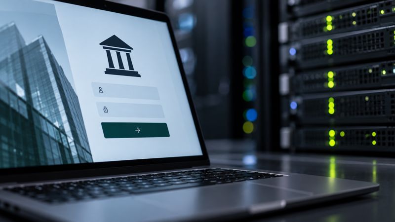 Ноутбук с формой входа в банковскую систему на фоне серверного оборудования с мигающими индикаторами